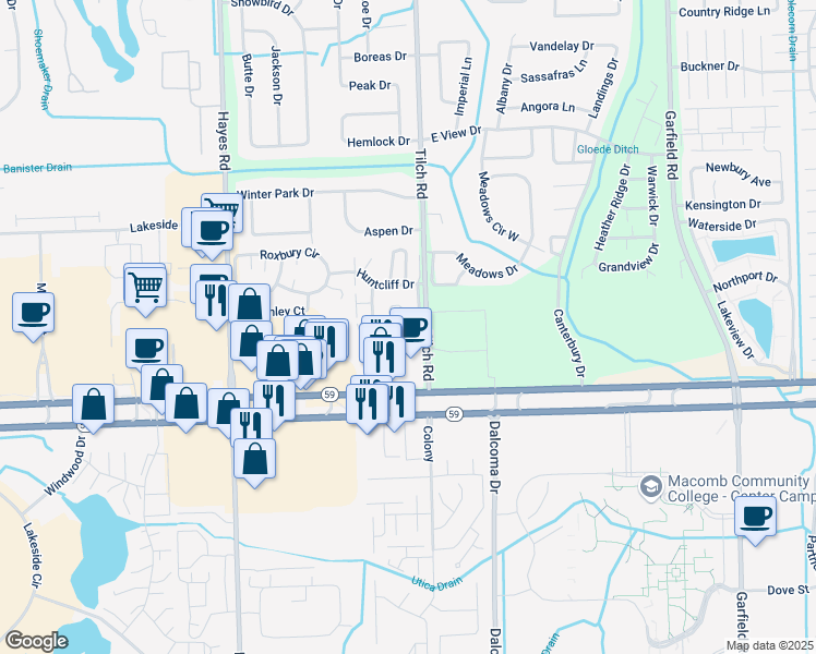 map of restaurants, bars, coffee shops, grocery stores, and more near 45441 Nottingham Drive in Macomb