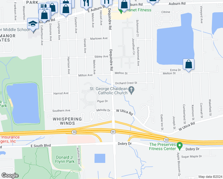 map of restaurants, bars, coffee shops, grocery stores, and more near 1803 Village Green Boulevard in Rochester Hills
