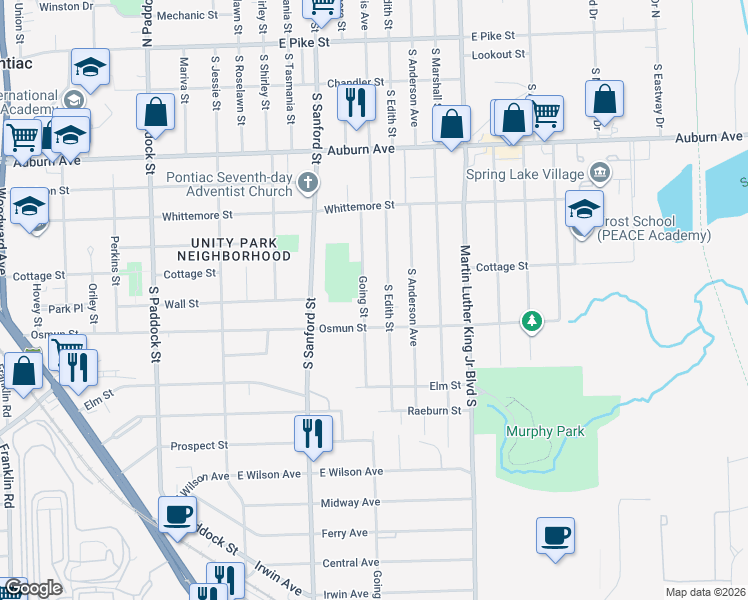 map of restaurants, bars, coffee shops, grocery stores, and more near 295 Going Street in Pontiac