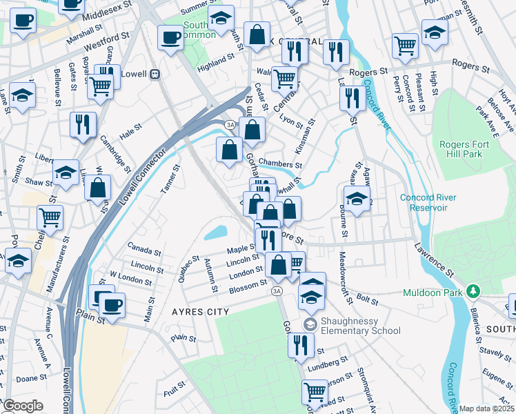 map of restaurants, bars, coffee shops, grocery stores, and more near 883 Gorham Street in Lowell