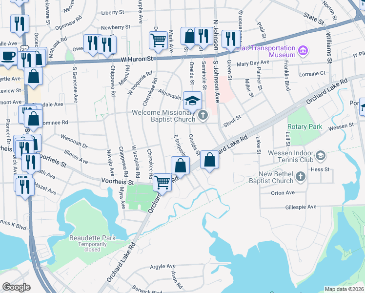 map of restaurants, bars, coffee shops, grocery stores, and more near 200 Oneida Street in Pontiac
