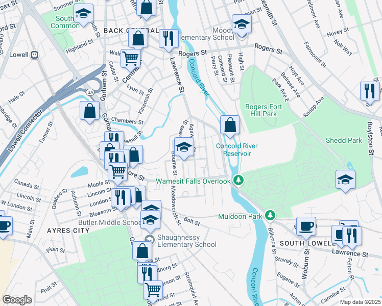 map of restaurants, bars, coffee shops, grocery stores, and more near 35 Griffin Street in Lowell