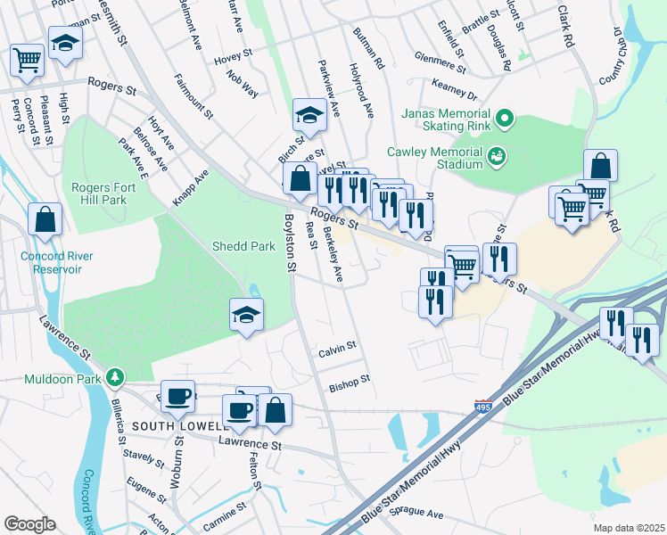 map of restaurants, bars, coffee shops, grocery stores, and more near 67 Berkeley Avenue in Lowell
