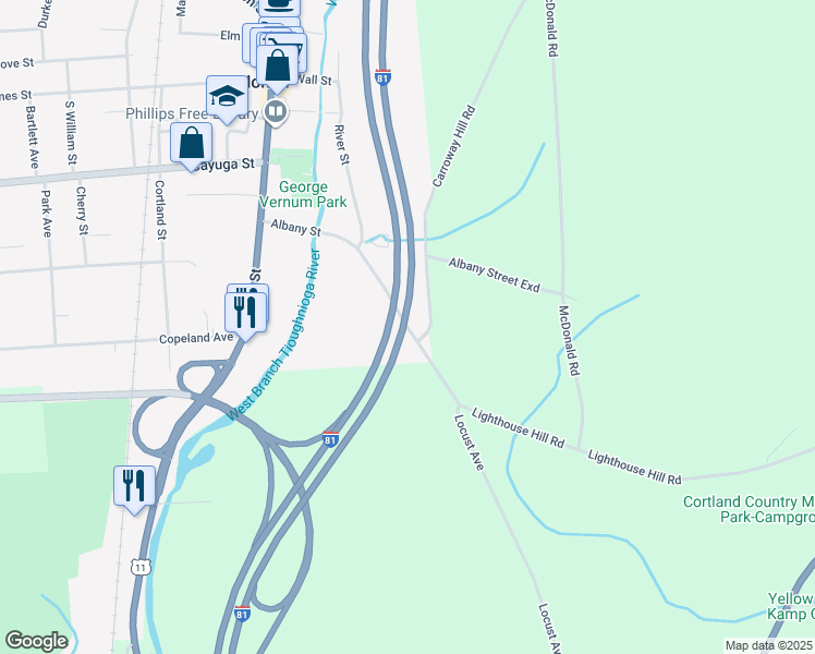 map of restaurants, bars, coffee shops, grocery stores, and more near Albany Street in Cortland County