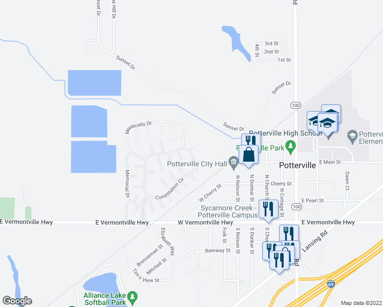 map of restaurants, bars, coffee shops, grocery stores, and more near 106 Constitution Circle in Potterville