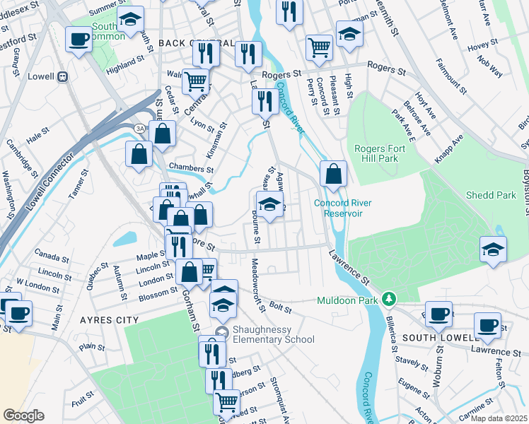 map of restaurants, bars, coffee shops, grocery stores, and more near 87 Andrews Street in Lowell
