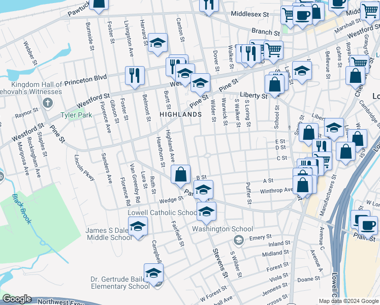 map of restaurants, bars, coffee shops, grocery stores, and more near 358 Stevens Street in Lowell