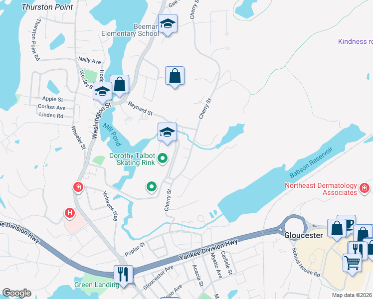 map of restaurants, bars, coffee shops, grocery stores, and more near 56 Cherry Street in Gloucester