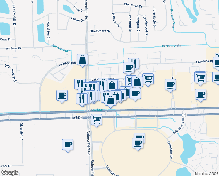 map of restaurants, bars, coffee shops, grocery stores, and more near 13900 Lakeside Boulevard North in Shelby Charter Township