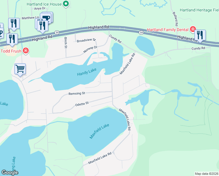 map of restaurants, bars, coffee shops, grocery stores, and more near 1755 Maxfield Lake Road in Hartland