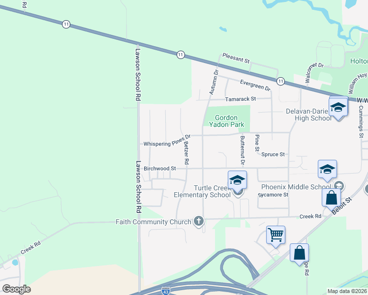 map of restaurants, bars, coffee shops, grocery stores, and more near 215 Betzer Road in Delavan