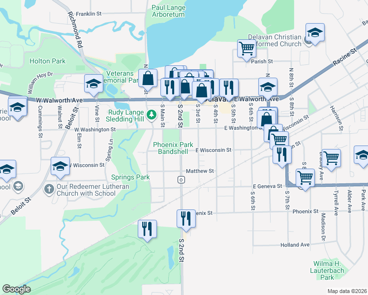 map of restaurants, bars, coffee shops, grocery stores, and more near 225 South 2nd Street in Delavan