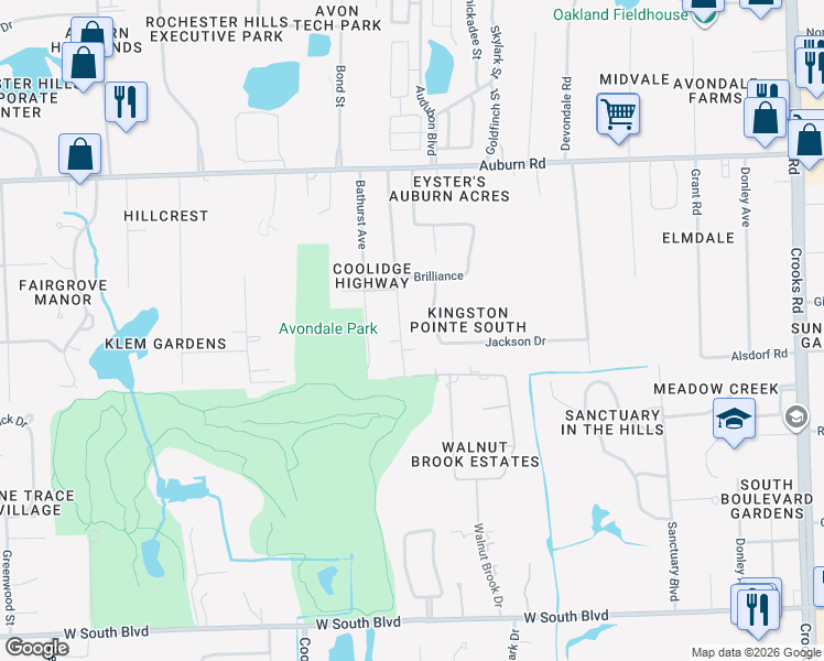 map of restaurants, bars, coffee shops, grocery stores, and more near 3369 Rockhaven Ave in Rochester Hills