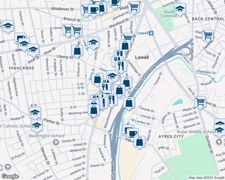 map of restaurants, bars, coffee shops, grocery stores, and more near 21 Short Street in Lowell