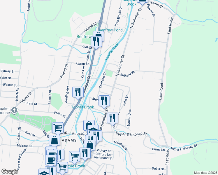 map of restaurants, bars, coffee shops, grocery stores, and more near 2 West Kittler Avenue in Adams