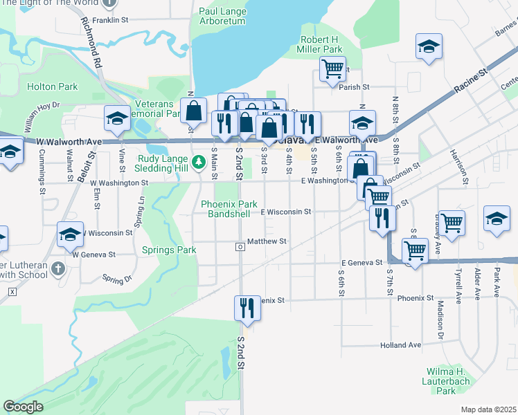 map of restaurants, bars, coffee shops, grocery stores, and more near 224 South 3rd Street in Delavan