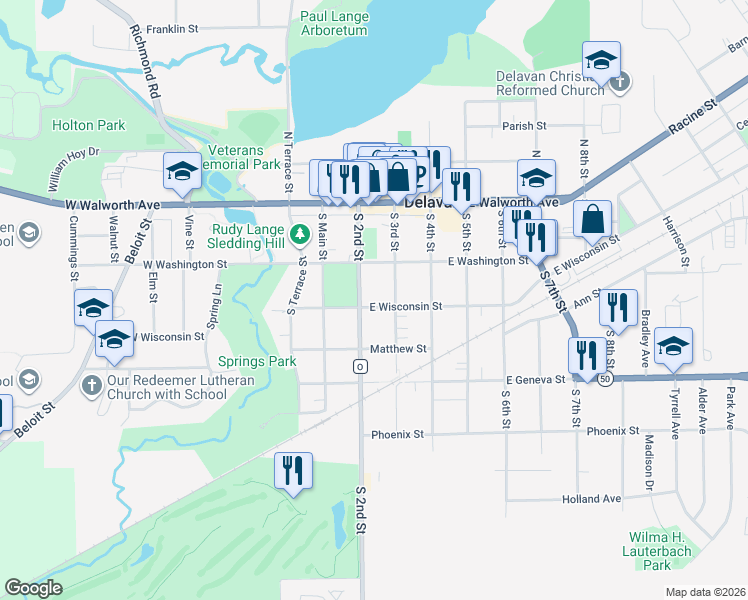 map of restaurants, bars, coffee shops, grocery stores, and more near 225 South 2nd Street in Delavan