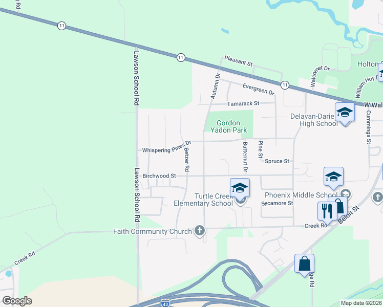 map of restaurants, bars, coffee shops, grocery stores, and more near 215 Betzer Rd in Delavan