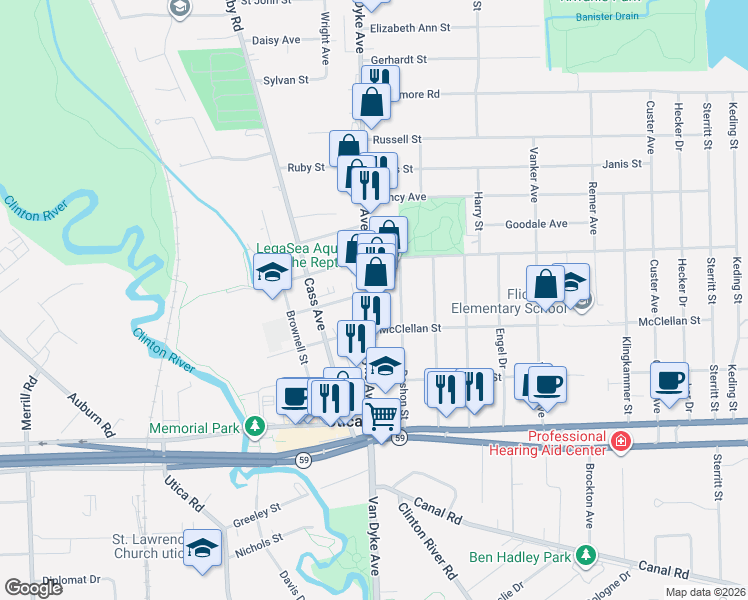 map of restaurants, bars, coffee shops, grocery stores, and more near 45480 Van Dyke Avenue in Utica