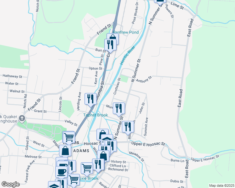 map of restaurants, bars, coffee shops, grocery stores, and more near 33 Crotteau Street in Adams