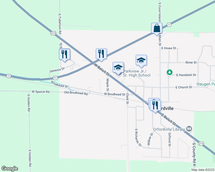 map of restaurants, bars, coffee shops, grocery stores, and more near 123 Maple St in Orfordville
