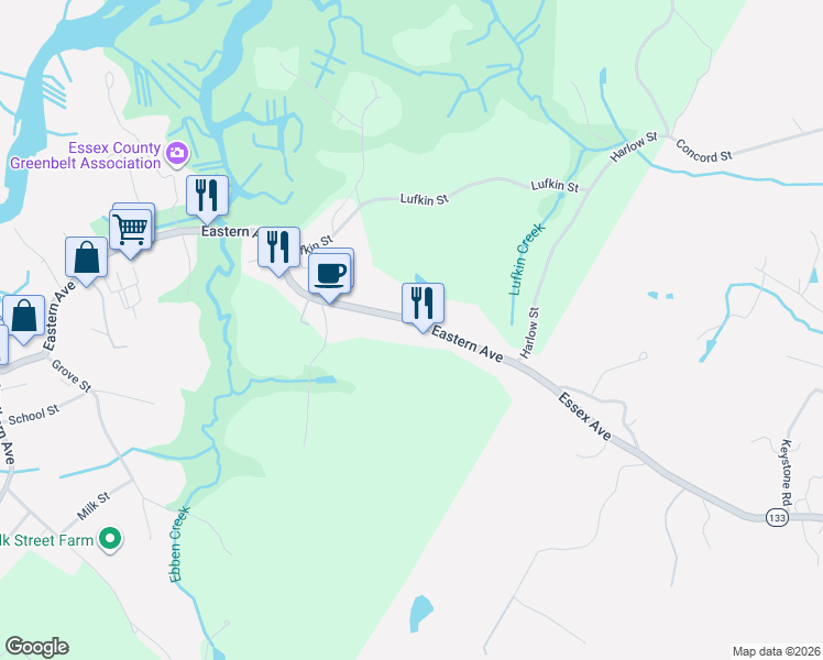 map of restaurants, bars, coffee shops, grocery stores, and more near 139 Eastern Avenue in Essex