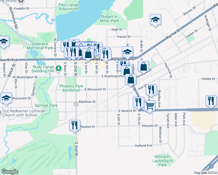 map of restaurants, bars, coffee shops, grocery stores, and more near 419 East Wisconsin Street in Delavan