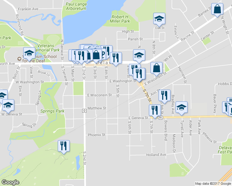 map of restaurants, bars, coffee shops, grocery stores, and more near 419 East Wisconsin Street in Delavan