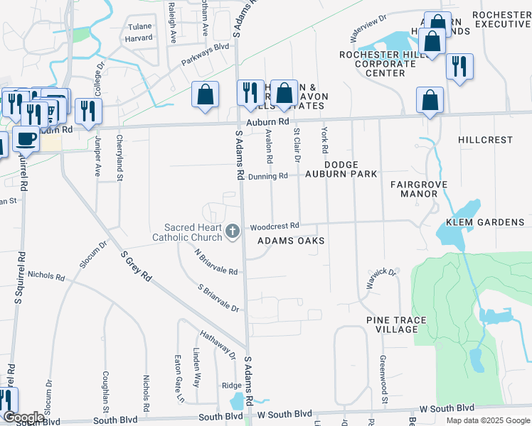 map of restaurants, bars, coffee shops, grocery stores, and more near 3222 Avalon Road in Rochester Hills