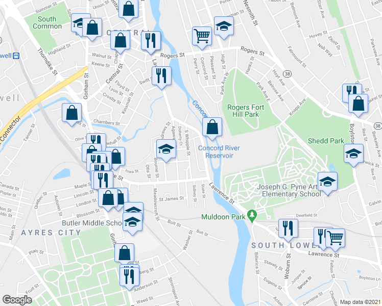 map of restaurants, bars, coffee shops, grocery stores, and more near in Lowell