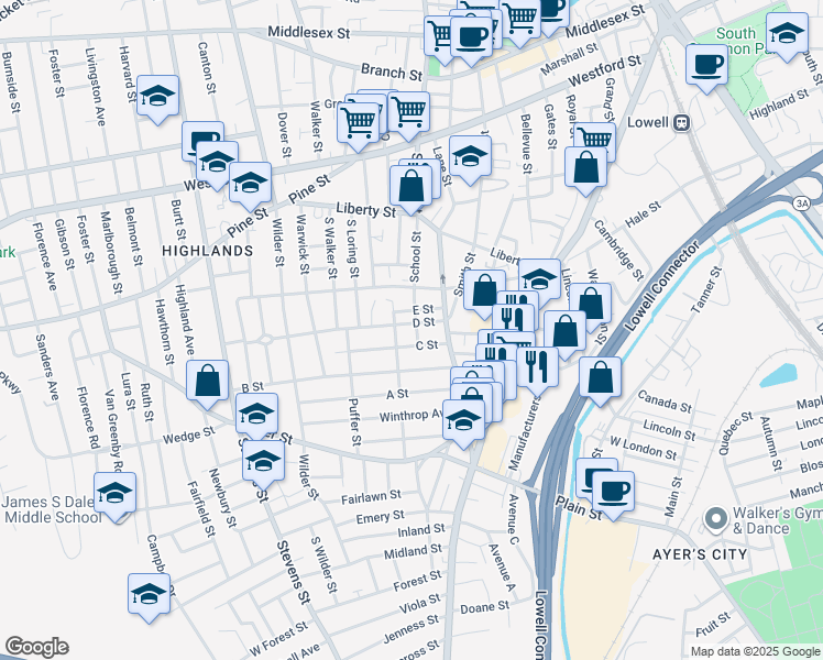 map of restaurants, bars, coffee shops, grocery stores, and more near 754 School Street in Lowell