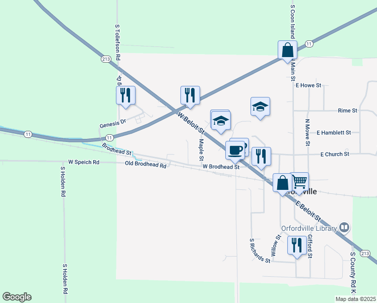 map of restaurants, bars, coffee shops, grocery stores, and more near 123 Maple Street in Orfordville
