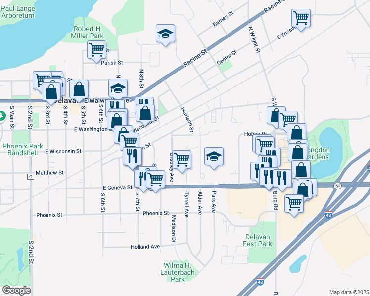 map of restaurants, bars, coffee shops, grocery stores, and more near 305 Tyrrell Court in Delavan