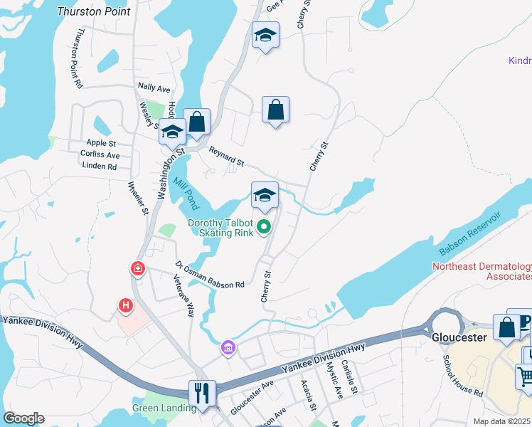 map of restaurants, bars, coffee shops, grocery stores, and more near 32 Cherry Street in Gloucester