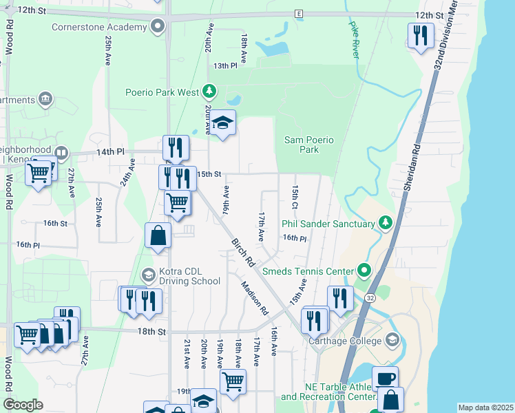 map of restaurants, bars, coffee shops, grocery stores, and more near 1554 17th Avenue in Kenosha