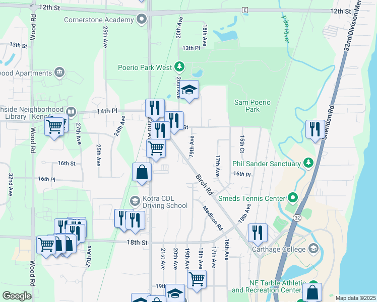 map of restaurants, bars, coffee shops, grocery stores, and more near 1550 19th Avenue in Kenosha