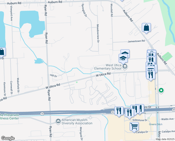 map of restaurants, bars, coffee shops, grocery stores, and more near 4877 Pebble Creek East in Shelby Township