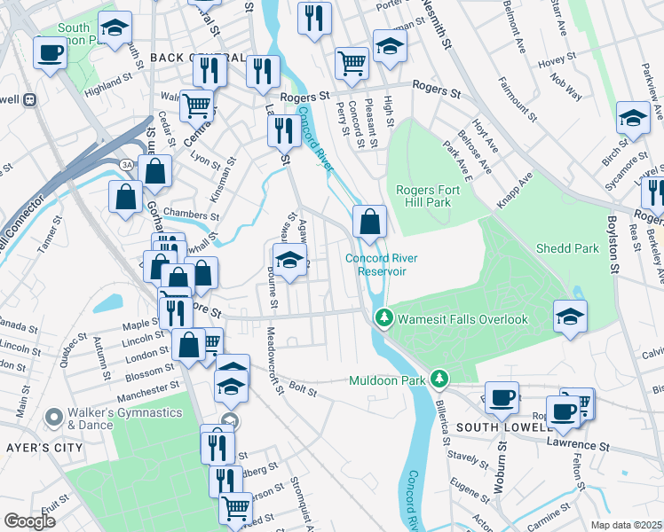 map of restaurants, bars, coffee shops, grocery stores, and more near in Lowell