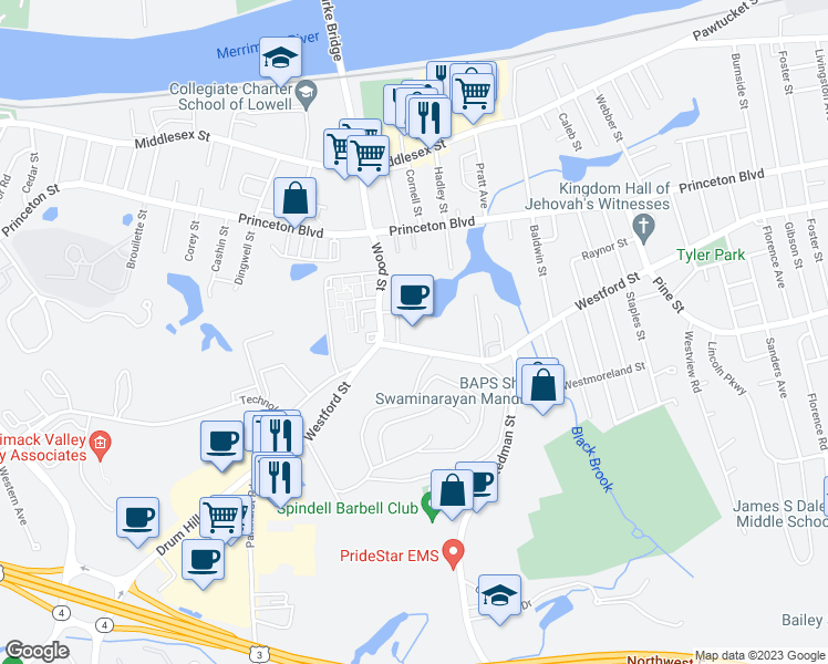 map of restaurants, bars, coffee shops, grocery stores, and more near 1075 Westford Street in Lowell