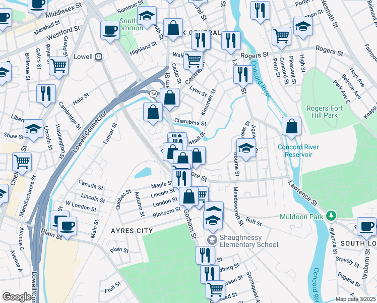 map of restaurants, bars, coffee shops, grocery stores, and more near 75 Livingston Street in Lowell