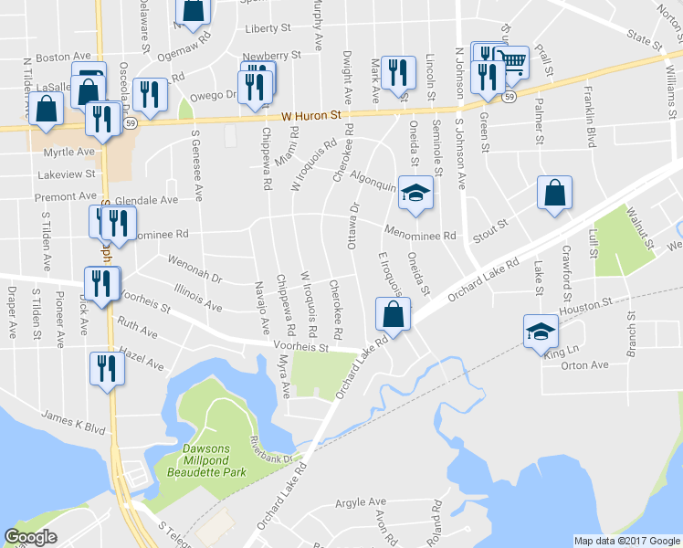 map of restaurants, bars, coffee shops, grocery stores, and more near 209 Cherokee Road in Pontiac