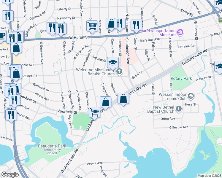 map of restaurants, bars, coffee shops, grocery stores, and more near 200 Oneida Street in Pontiac