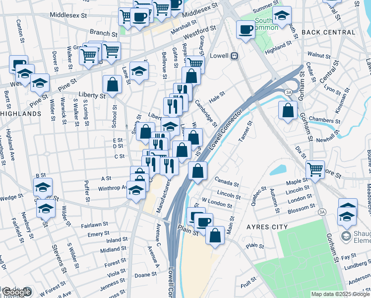 map of restaurants, bars, coffee shops, grocery stores, and more near 75 Lincoln Street in Lowell