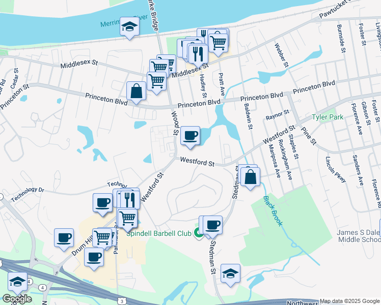 map of restaurants, bars, coffee shops, grocery stores, and more near 1075 Westford Street in Lowell