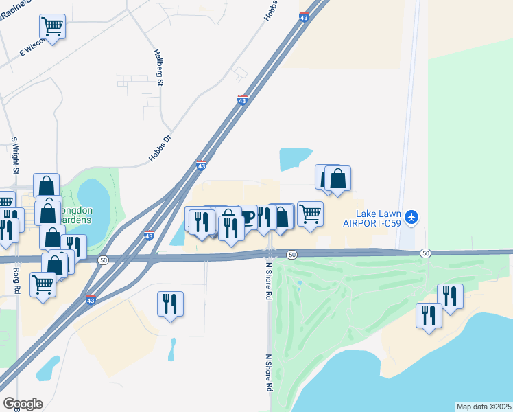 map of restaurants, bars, coffee shops, grocery stores, and more near 1921 East Geneva Street in Delavan
