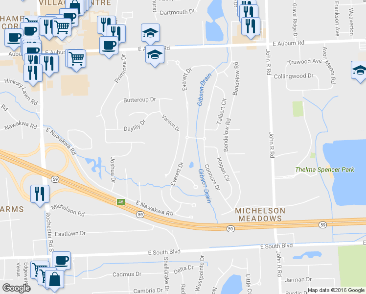 map of restaurants, bars, coffee shops, grocery stores, and more near 3538 Everett Drive in Rochester Hills