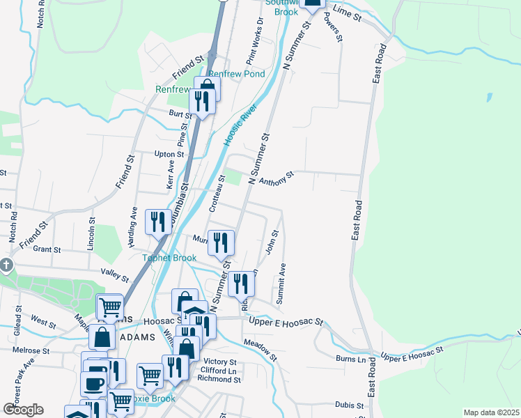 map of restaurants, bars, coffee shops, grocery stores, and more near 5 Turners Avenue in Adams