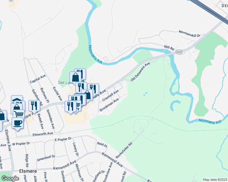 map of restaurants, bars, coffee shops, grocery stores, and more near 24 Crannell Avenue in Delmar
