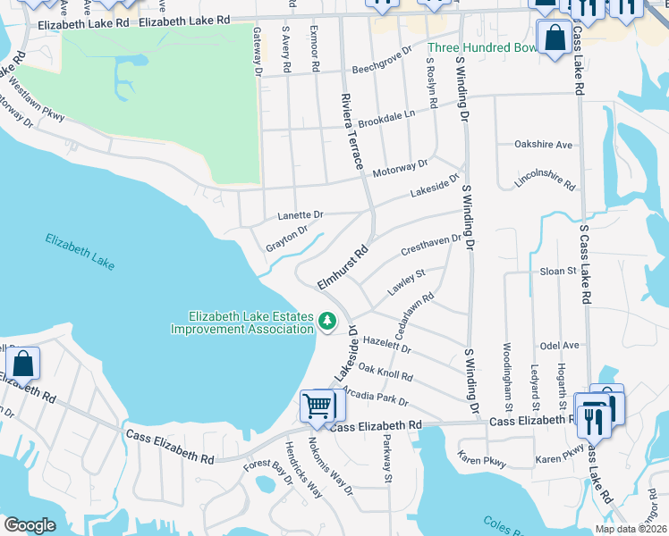 map of restaurants, bars, coffee shops, grocery stores, and more near 4104 Elmhurst Road in Waterford Township