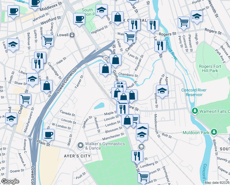 map of restaurants, bars, coffee shops, grocery stores, and more near 31 Olney Street in Lowell